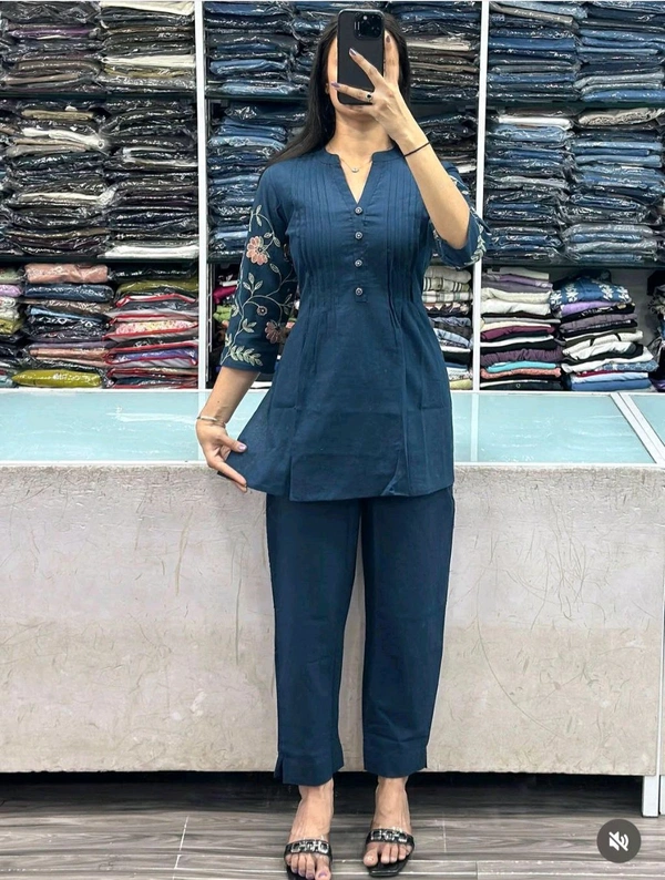LCW 5728 New designer Cotton Co-ord Set With Heavy Floral Embroidery Work With Side Pocket  - Blue, M-38