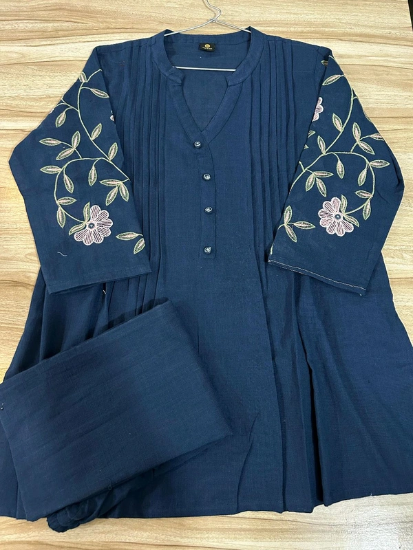 LCW 5728 New designer Cotton Co-ord Set With Heavy Floral Embroidery Work With Side Pocket  - Blue, L-40