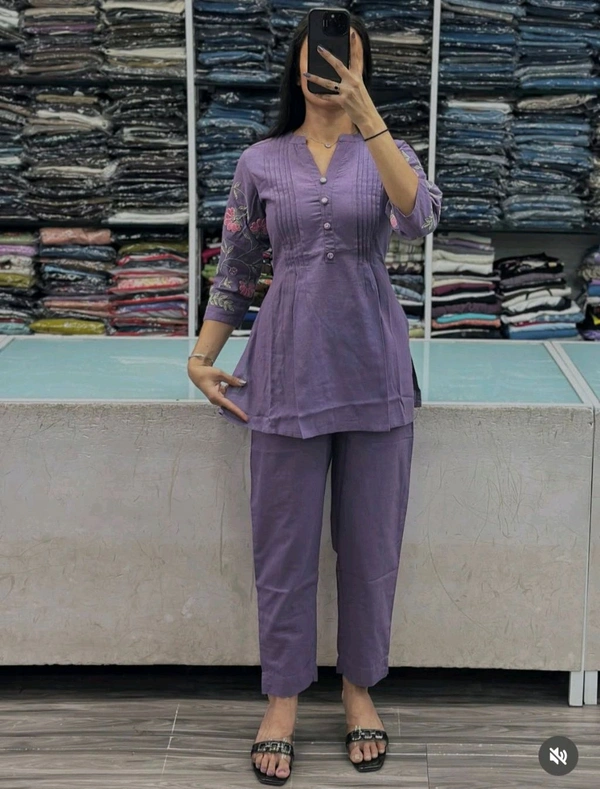 LCW 5728 New designer Cotton Co-ord Set With Heavy Floral Embroidery Work With Side Pocket  - Purple, L-40
