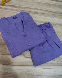 LCW 5728 New designer Cotton Co-ord Set With Heavy Floral Embroidery Work With Side Pocket  - Purple, L-40