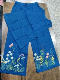 LCW 5730 New embroidery work Cotton Slub  co-ord  set  
 with  side pocket beautiful embroidery work - Blue, M-38