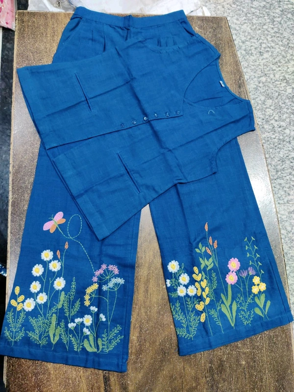 LCW 5730 New embroidery work Cotton Slub  co-ord  set  
 with  side pocket beautiful embroidery work - Blue, M-38