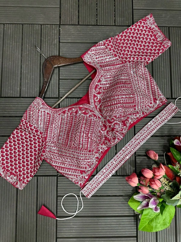 DSS 5732 *New Super Embroidery cording work ready to wear Chinon Silk  saree with Embroidery Blouses  - Rani pink, XL-42