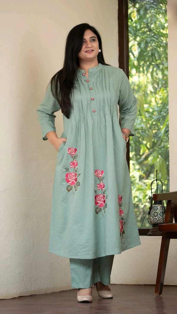 LCW 5733 New Beautiful Pure Cotton  Kurta Set With Heavy embroidery side pocket - Teal green, L-40