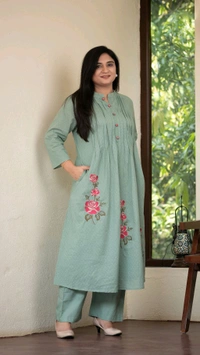 LCW 5733 New Beautiful Pure Cotton  Kurta Set With Heavy embroidery side pocket - Teal green, L-40