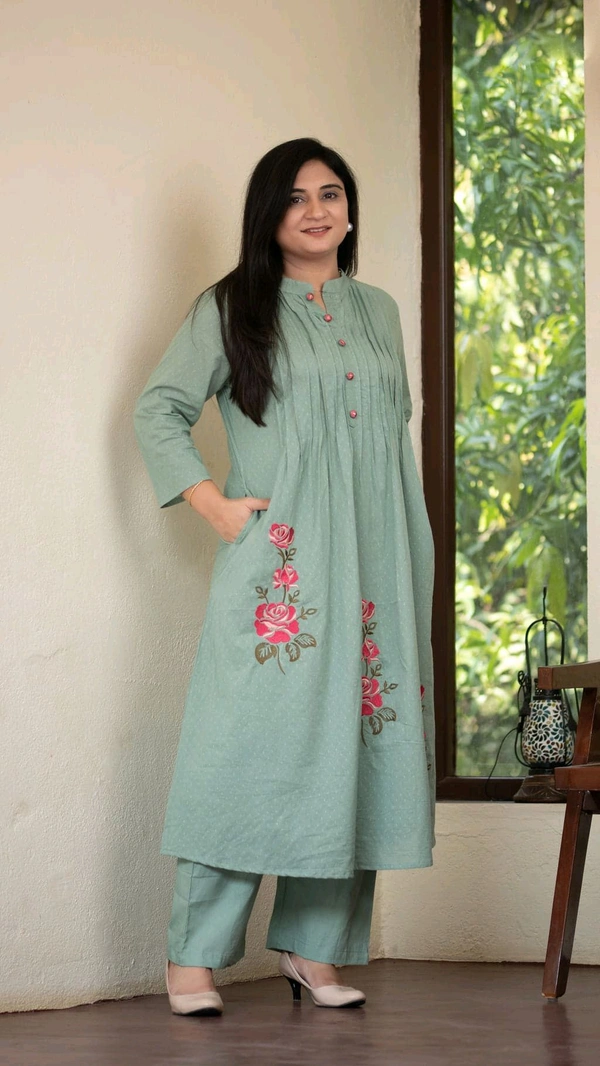 LCW 5733 New Beautiful Pure Cotton  Kurta Set With Heavy embroidery side pocket - Teal green, L-40
