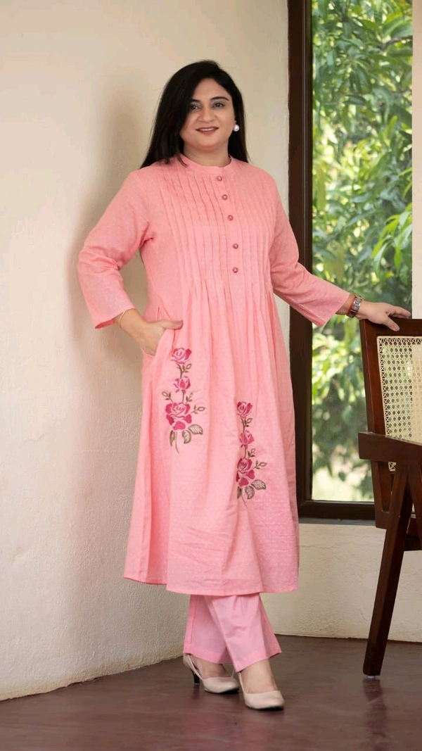 LCW 5733 New Beautiful Pure Cotton  Kurta Set With Heavy embroidery side pocket - red Watermelon, M-38
