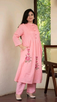 LCW 5733 New Beautiful Pure Cotton  Kurta Set With Heavy embroidery side pocket - red Watermelon, 3XL-46