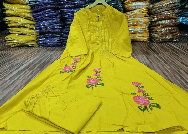 LCW 5733 New Beautiful Pure Cotton  Kurta Set With Heavy embroidery side pocket - Yellow, 3XL-46