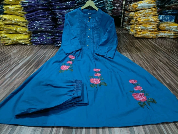 LCW 5733 New Beautiful Pure Cotton  Kurta Set With Heavy embroidery side pocket - Blue, 3XL-46