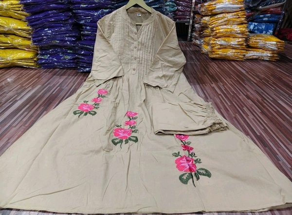 LCW 5733 New Beautiful Pure Cotton  Kurta Set With Heavy embroidery side pocket - Light brown, L-40