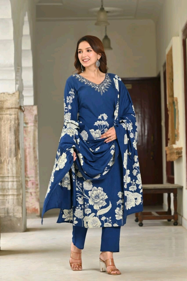 LCW 5734 *New Printed Cotton Kurti Pant Dupatta  Set With Hand Work - Blue, M-38