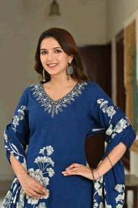 LCW 5734 *New Printed Cotton Kurti Pant Dupatta  Set With Hand Work - Blue, XL-42