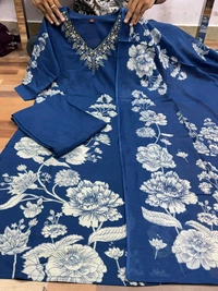 LCW 5734 *New Printed Cotton Kurti Pant Dupatta  Set With Hand Work - Blue, XL-42