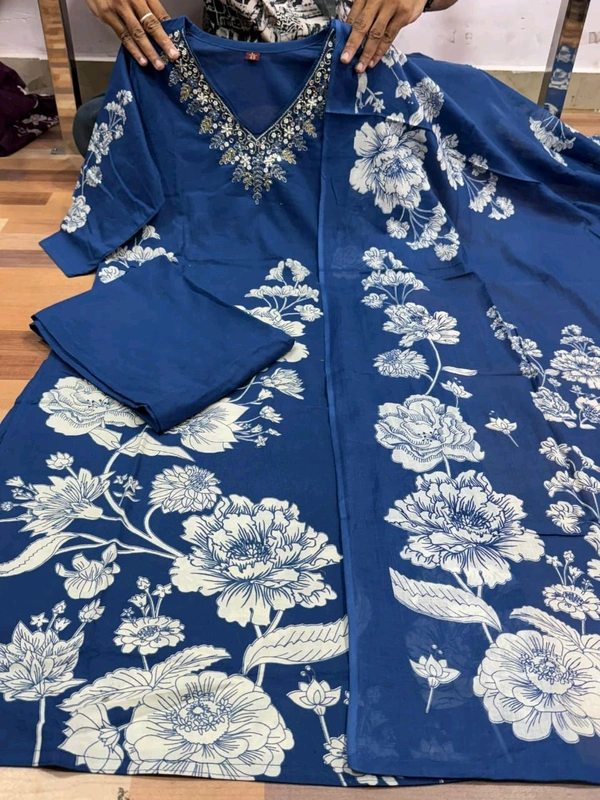 LCW 5734 *New Printed Cotton Kurti Pant Dupatta  Set With Hand Work - Blue, XL-42