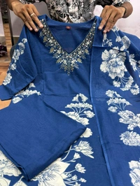 LCW 5734 *New Printed Cotton Kurti Pant Dupatta  Set With Hand Work - Blue, XL-42