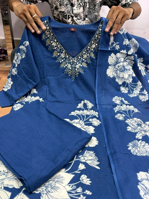 LCW 5734 *New Printed Cotton Kurti Pant Dupatta  Set With Hand Work - Blue, XL-42