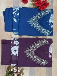 LCW 5734 *New Printed Cotton Kurti Pant Dupatta  Set With Hand Work - Blue, XL-42