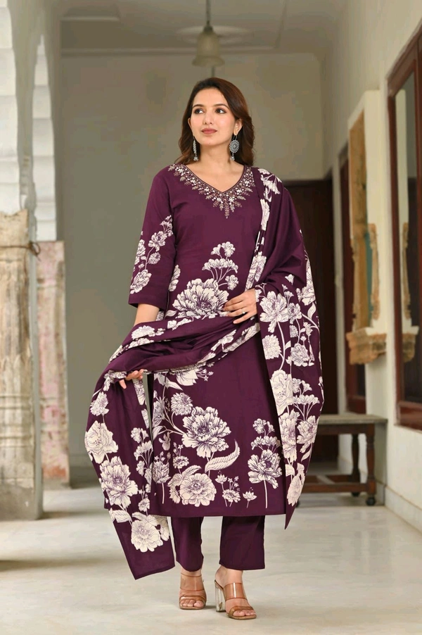 LCW 5734 *New Printed Cotton Kurti Pant Dupatta  Set With Hand Work - Purple, L-40