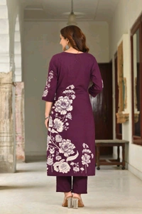 LCW 5734 *New Printed Cotton Kurti Pant Dupatta  Set With Hand Work - Purple, L-40