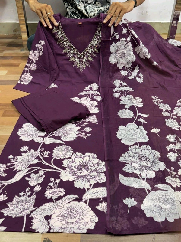 LCW 5734 *New Printed Cotton Kurti Pant Dupatta  Set With Hand Work - Purple, L-40
