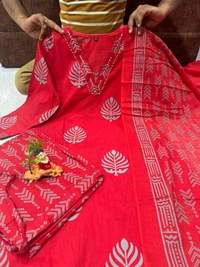 LCW 5735 New Cotton Kurti Pant Dupatta Set Beautiful Hand work Print With  Side Pocket  - Red, XL-42