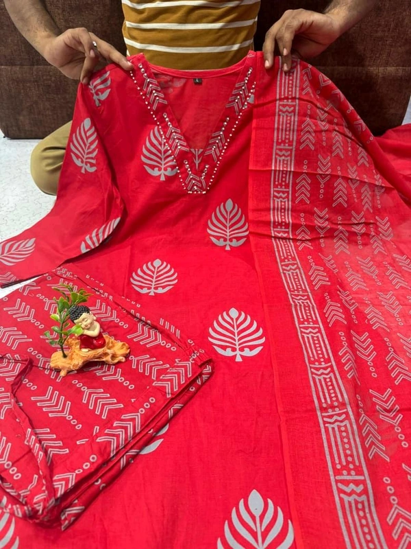 LCW 5735 New Cotton Kurti Pant Dupatta Set Beautiful Hand work Print With  Side Pocket  - Red, XL-42