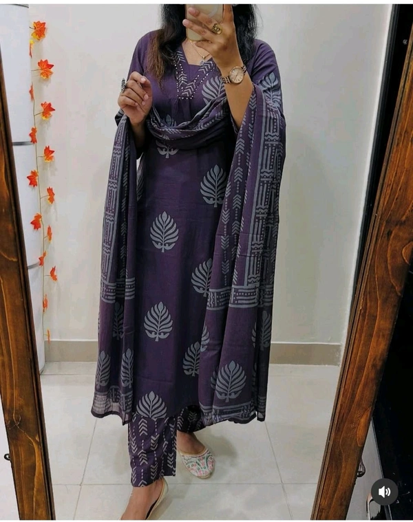 LCW 5735 New Cotton Kurti Pant Dupatta Set Beautiful Hand work Print With  Side Pocket  - Purple, 2XL-44