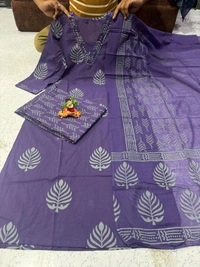 LCW 5735 New Cotton Kurti Pant Dupatta Set Beautiful Hand work Print With  Side Pocket  - Purple, 2XL-44