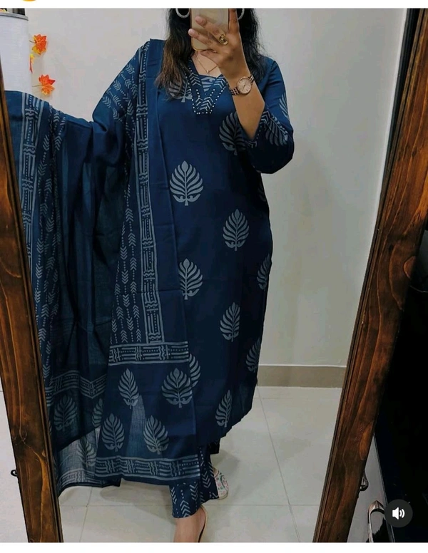 LCW 5735 New Cotton Kurti Pant Dupatta Set Beautiful Hand work Print With  Side Pocket  - Blue, M-38