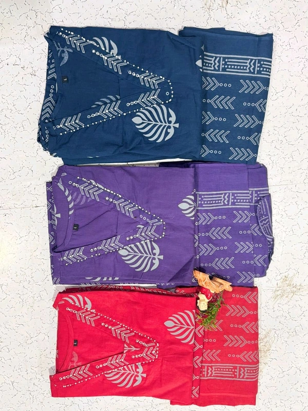 LCW 5735 New Cotton Kurti Pant Dupatta Set Beautiful Hand work Print With  Side Pocket  - Blue, M-38