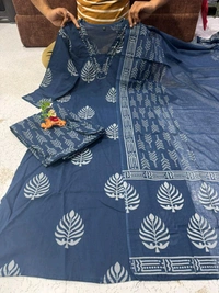 LCW 5735 New Cotton Kurti Pant Dupatta Set Beautiful Hand work Print With  Side Pocket  - Blue, 3XL-46