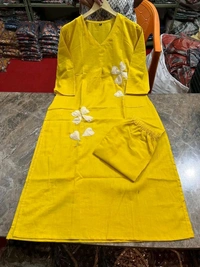 LCW 5736 Beautiful Cotton  cord-set Patch-work & embroidery  - Yellow, 3XL-46