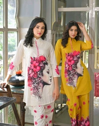 LCW 5737 NEW*SPECIAL DIGITAL PRINTS -MUSLIN SILK CORD SET WITH DIGITAL PRINT  - M-38, Yellow