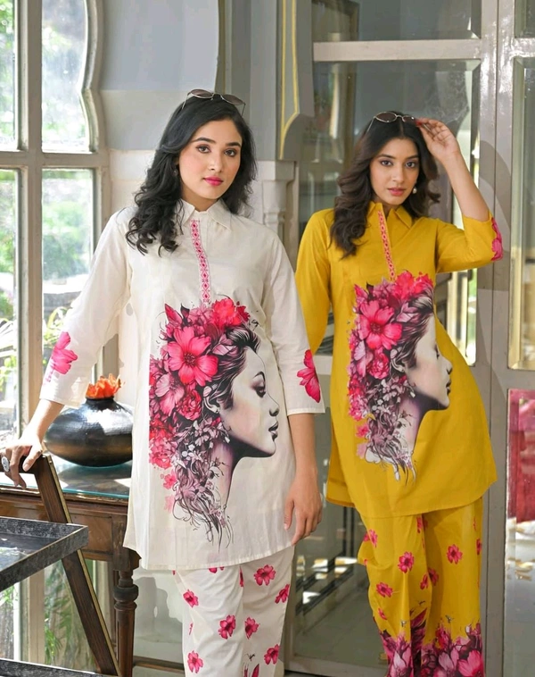 LCW 5737 NEW*SPECIAL DIGITAL PRINTS -MUSLIN SILK CORD SET WITH DIGITAL PRINT  - M-38, Yellow