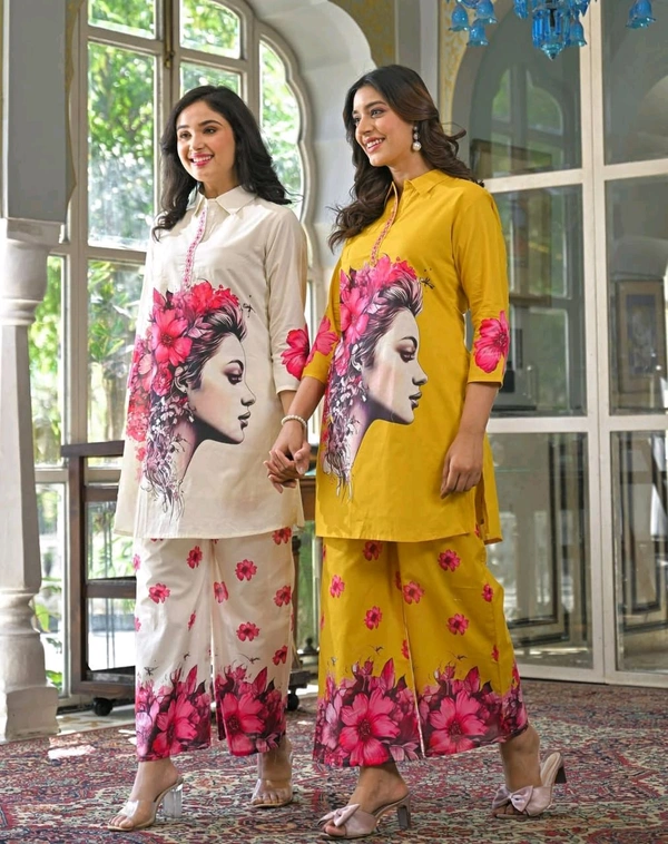 LCW 5737 NEW*SPECIAL DIGITAL PRINTS -MUSLIN SILK CORD SET WITH DIGITAL PRINT  - 2XL-44, Yellow