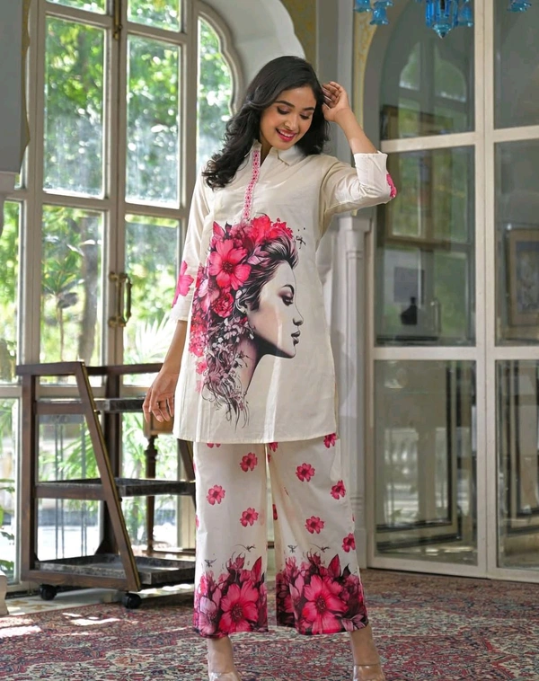 LCW 5737 NEW*SPECIAL DIGITAL PRINTS -MUSLIN SILK CORD SET WITH DIGITAL PRINT  - 2XL-44, White