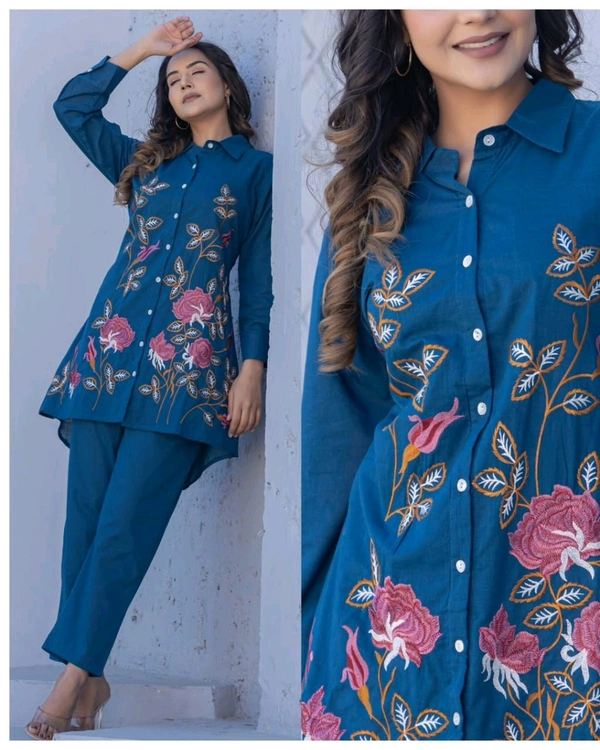 LCW 5738 New  Premium Cotton  Cord Set! With Beautiful Embroidery Work  - Blue, 2XL-44