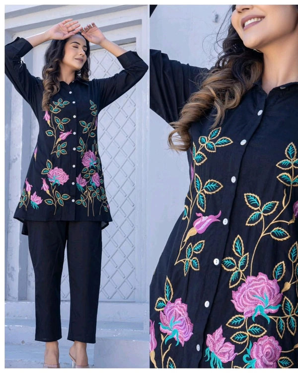 LCW 5738 New  Premium Cotton  Cord Set! With Beautiful Embroidery Work  - Black, 2XL-44