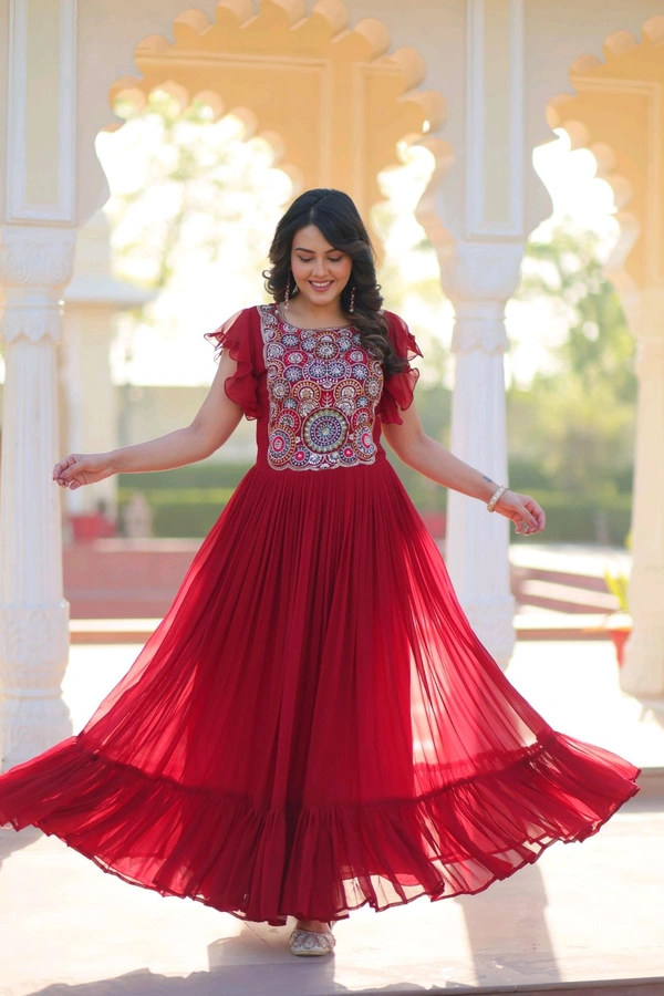 DSS 5740 PREMIUM READYMADE DESIGNER GEORGETTE  GOWN WITH BEAUTIFUL EMBROIDERY WORK  - Maroon, XL-42