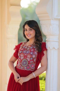 DSS 5740 PREMIUM READYMADE DESIGNER GEORGETTE  GOWN WITH BEAUTIFUL EMBROIDERY WORK  - Maroon, 2XL-44