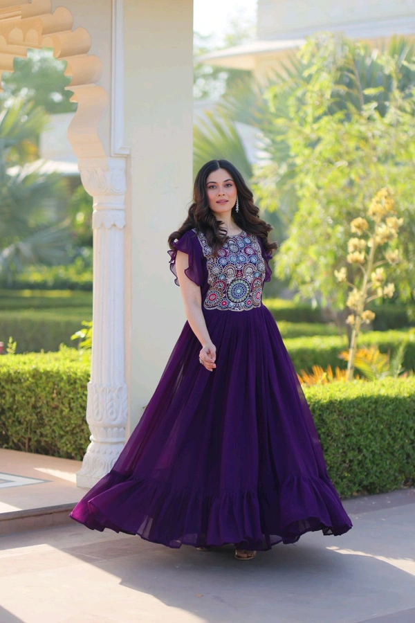 DSS 5740 PREMIUM READYMADE DESIGNER GEORGETTE  GOWN WITH BEAUTIFUL EMBROIDERY WORK  - Purple, XL-42