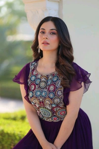 DSS 5740 PREMIUM READYMADE DESIGNER GEORGETTE  GOWN WITH BEAUTIFUL EMBROIDERY WORK  - Purple, XL-42