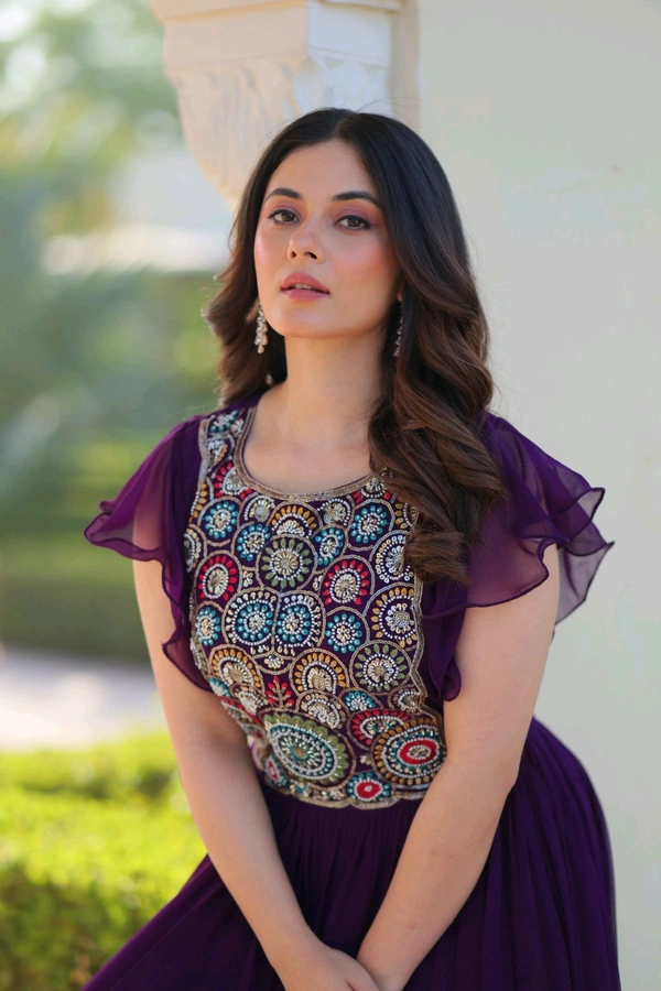DSS 5740 PREMIUM READYMADE DESIGNER GEORGETTE  GOWN WITH BEAUTIFUL EMBROIDERY WORK  - Purple, XL-42