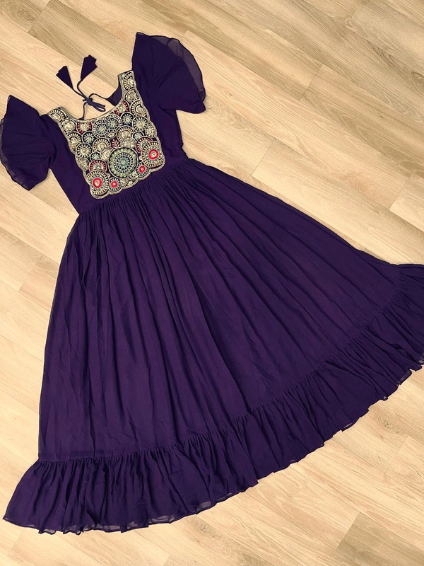 DSS 5740 PREMIUM READYMADE DESIGNER GEORGETTE  GOWN WITH BEAUTIFUL EMBROIDERY WORK  - Purple, XL-42