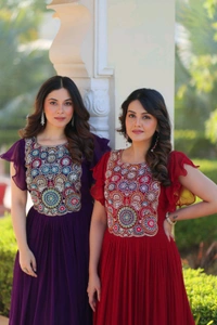 DSS 5740 PREMIUM READYMADE DESIGNER GEORGETTE  GOWN WITH BEAUTIFUL EMBROIDERY WORK  - Purple, 2XL-44