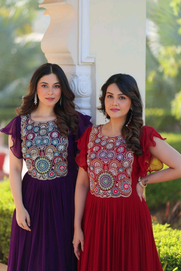 DSS 5740 PREMIUM READYMADE DESIGNER GEORGETTE  GOWN WITH BEAUTIFUL EMBROIDERY WORK  - Purple, 2XL-44