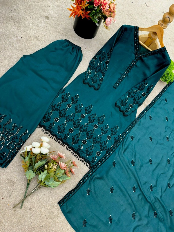 DSS 5741 New Vichitra Silk Kurti Pant Dupatta With Beautiful Embroidery Work  - XL-42