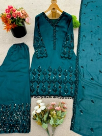 DSS 5741 New Vichitra Silk Kurti Pant Dupatta With Beautiful Embroidery Work  - XL-42