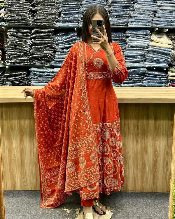 LCW 5742 New Beautiful embroidery work anarkali Cotton  kurta pant dupatta  set  - Orange, L-40